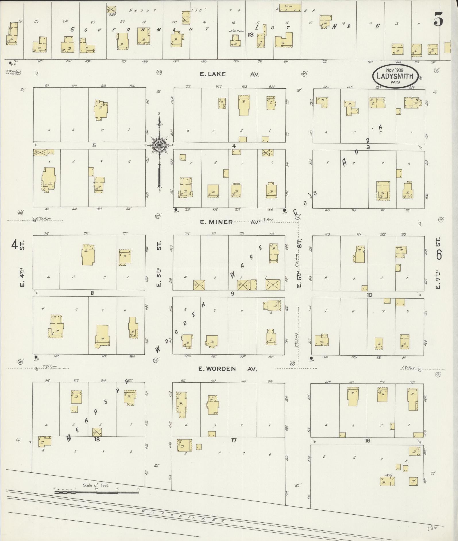 Sanborn Fire Insurance Map from Ladysmith, Rusk County, Wisconsin (1909), Sheet #0005 - Historic Sanborn Fire Insurance Map Print, vintage old map wall art, antique decor, genealogy gift, Wisconsin Wisconsin map