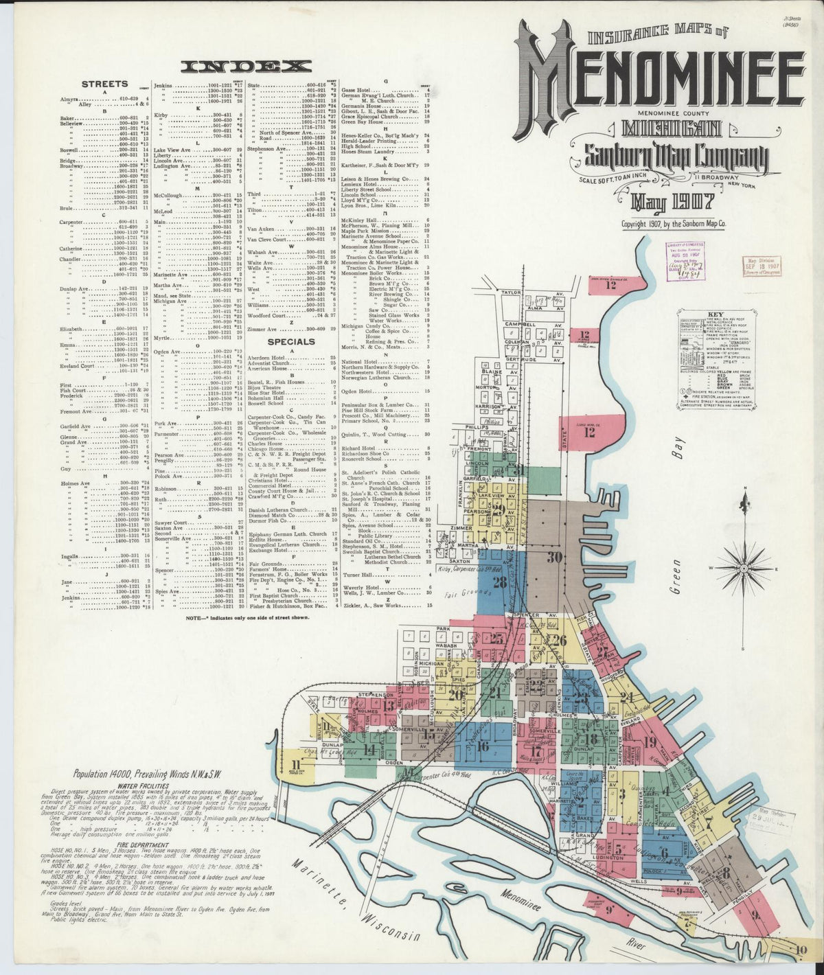 Sanborn Fire Insurance Map from Menominee, Menominee County, Michigan (1907), Sheet #0001 - Historic Sanborn Fire Insurance Map Print, vintage old map wall art, antique decor, genealogy gift, Michigan Michigan map
