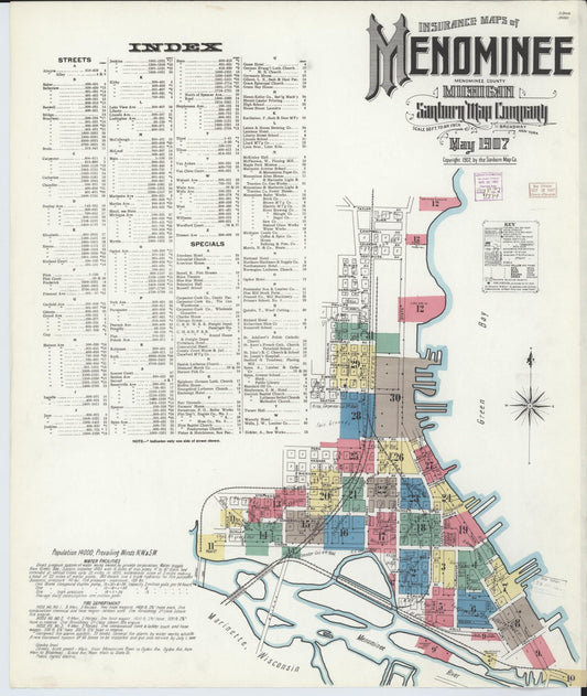 Sanborn Fire Insurance Map from Menominee, Menominee County, Michigan (1907), Sheet #0001 - Historic Sanborn Fire Insurance Map Print, vintage old map wall art, antique decor, genealogy gift, Michigan Michigan map