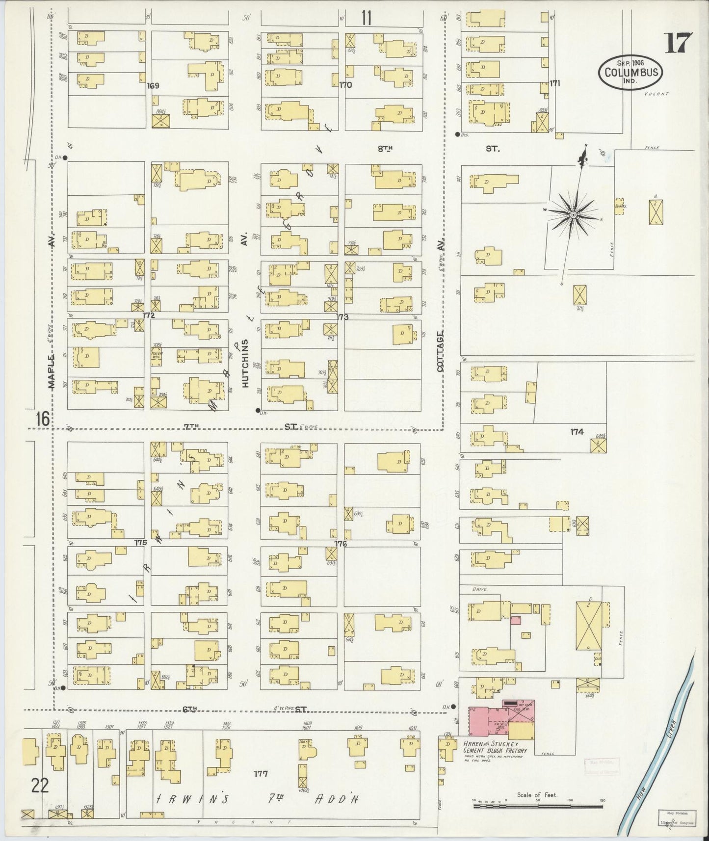 Sanborn Fire Insurance Map from Columbus, Bartholomew County, Indiana (1906), Sheet #0017 - Historic Sanborn Fire Insurance Map Print, vintage old map wall art, antique decor, genealogy gift, Indiana Indiana map