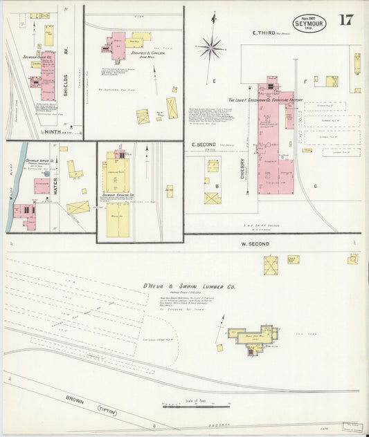 Sanborn Fire Insurance Map from Seymour, Jackson County, Indiana (1907), Sheet #0017 - Historic Sanborn Fire Insurance Map Print, vintage old map wall art, antique decor, genealogy gift, Indiana Indiana map