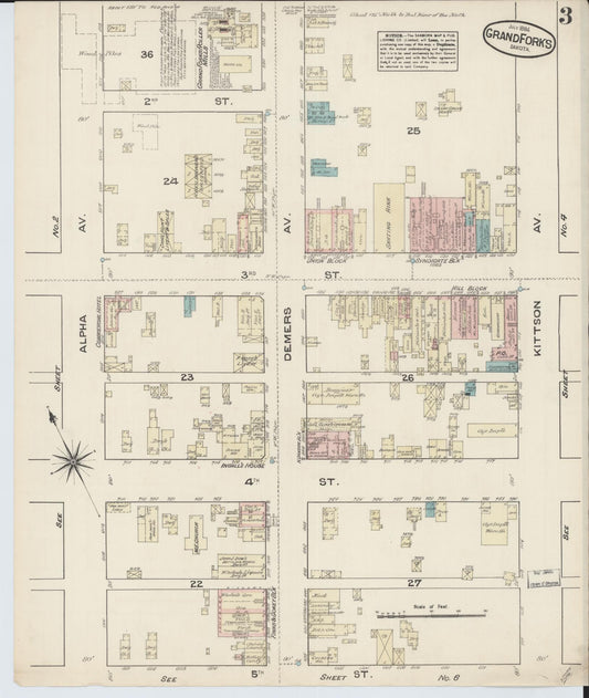 Sanborn Fire Insurance Map from Grand Forks, Grand Forks County, North Dakota (1884), Sheet #0003 - Historic Sanborn Fire Insurance Map Print, vintage old map wall art, antique decor, genealogy gift, North Dakota North Dakota map