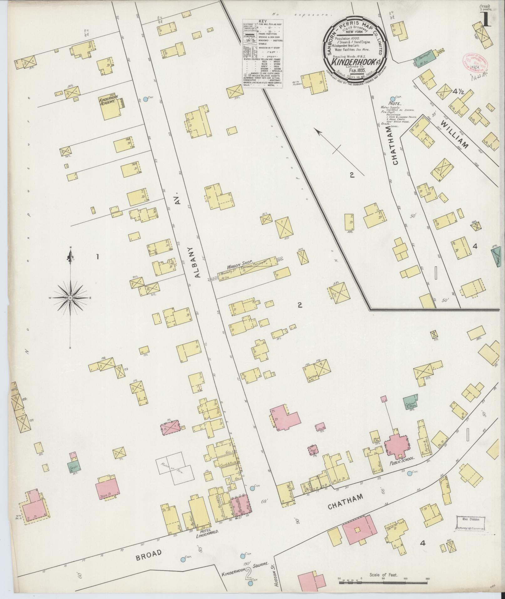 Sanborn Fire Insurance Map from Kinderhook, Columbia County, New York (1895), Sheet #0001 - Historic Sanborn Fire Insurance Map Print, vintage old map wall art, antique decor, genealogy gift, New York New York map