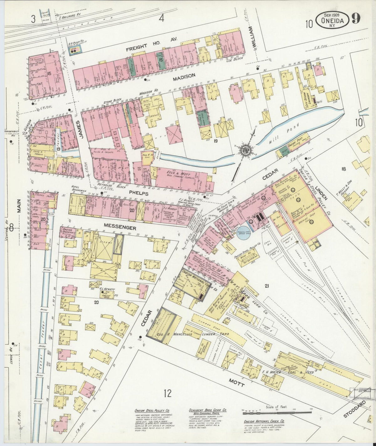 Sanborn Fire Insurance Map from Oneida, Madison County, New York (1909), Sheet #0009 - Historic Sanborn Fire Insurance Map Print, vintage old map wall art, antique decor, genealogy gift, New York New York map