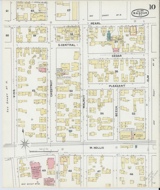 Sanborn Fire Insurance Map from Nashua, Hillsborough County, New Hampshire (1892), Sheet #0010 - Historic Sanborn Fire Insurance Map Print, vintage old map wall art, antique decor, genealogy gift, New Hampshire New Hampshire map