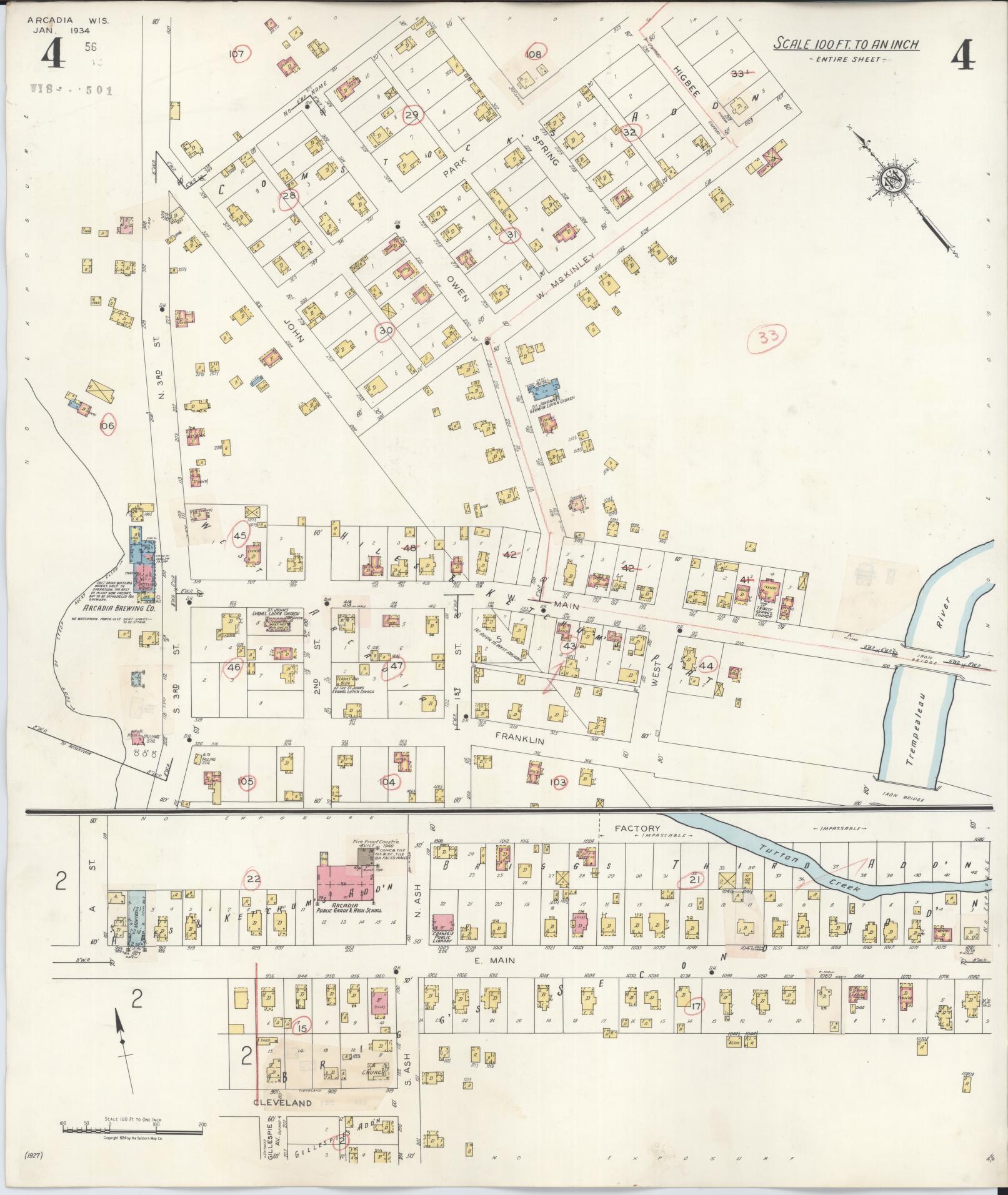 Sanborn Fire Insurance Map from Arcadia, Trempealeau County, Wisconsin (1943), Sheet #0004 - Historic Sanborn Fire Insurance Map Print, vintage old map wall art, antique decor, genealogy gift, Wisconsin Wisconsin map