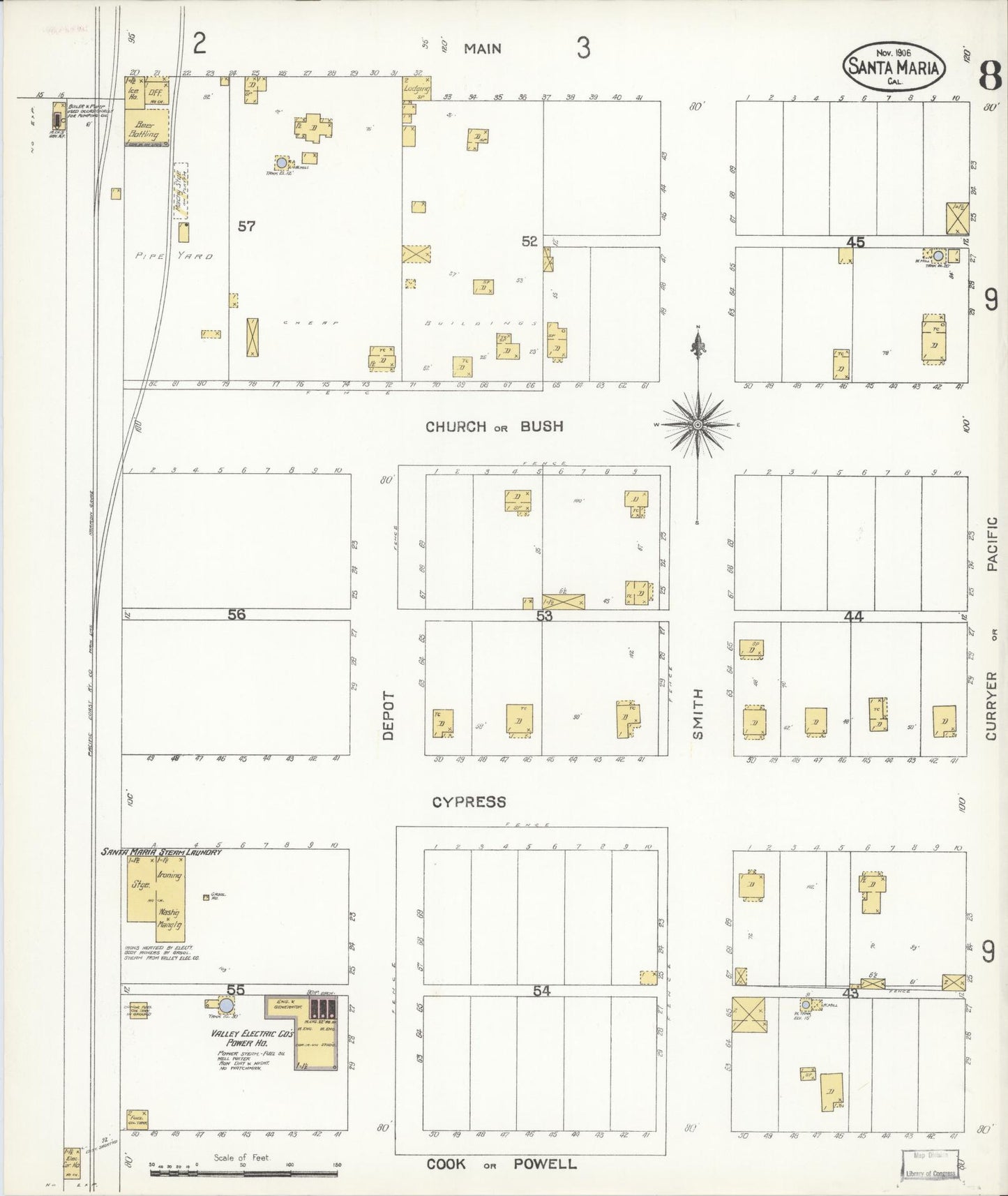 Sanborn Fire Insurance Map from Santa Maria, Santa Barbara County, California (1906), Sheet #0008 - Complete Map Set gallery image, historic Sanborn map, vintage wall art, California California