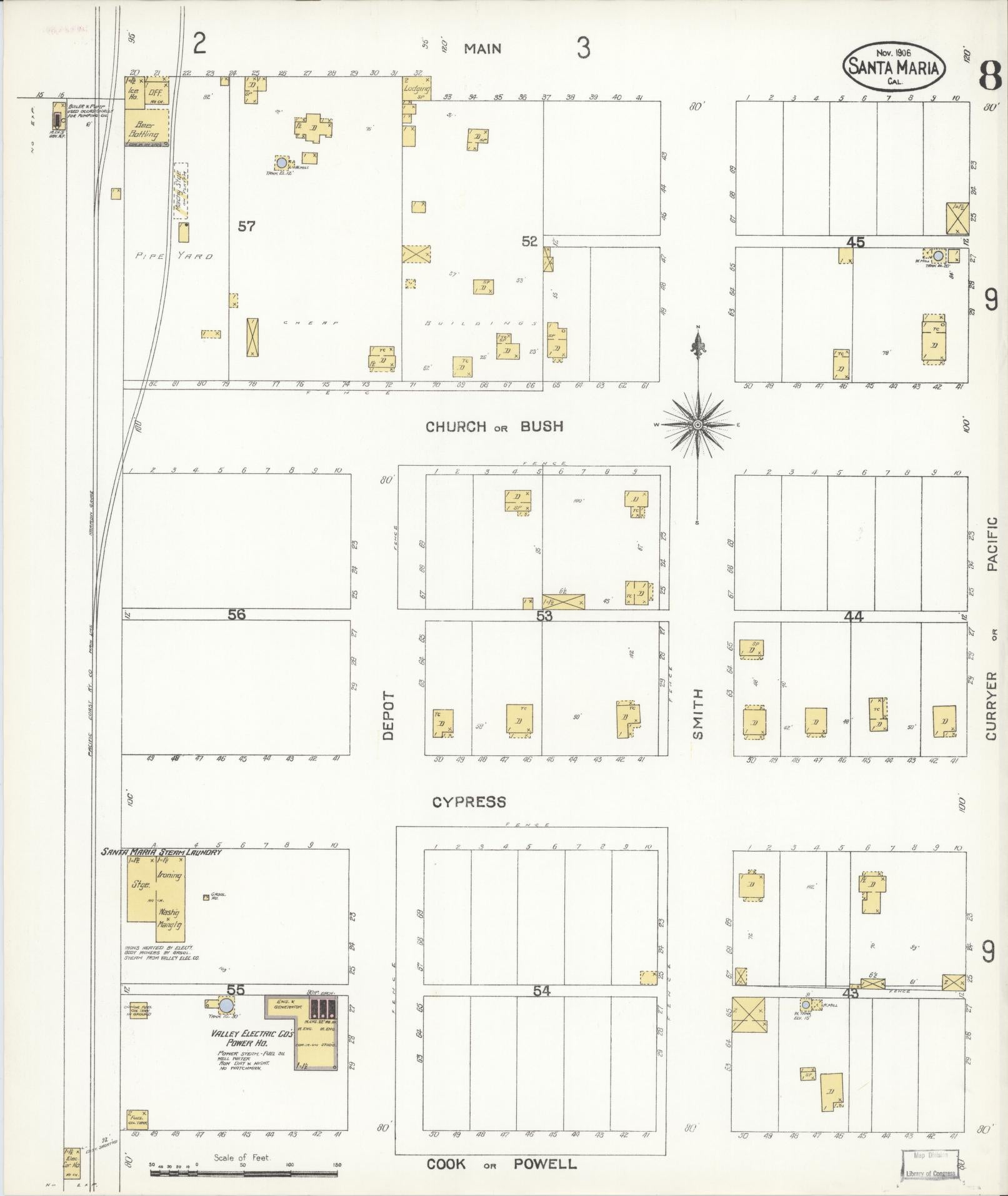 Sanborn Fire Insurance Map from Santa Maria, Santa Barbara County, California (1906), Sheet #0008 - Complete Map Set gallery image, historic Sanborn map, vintage wall art, California California