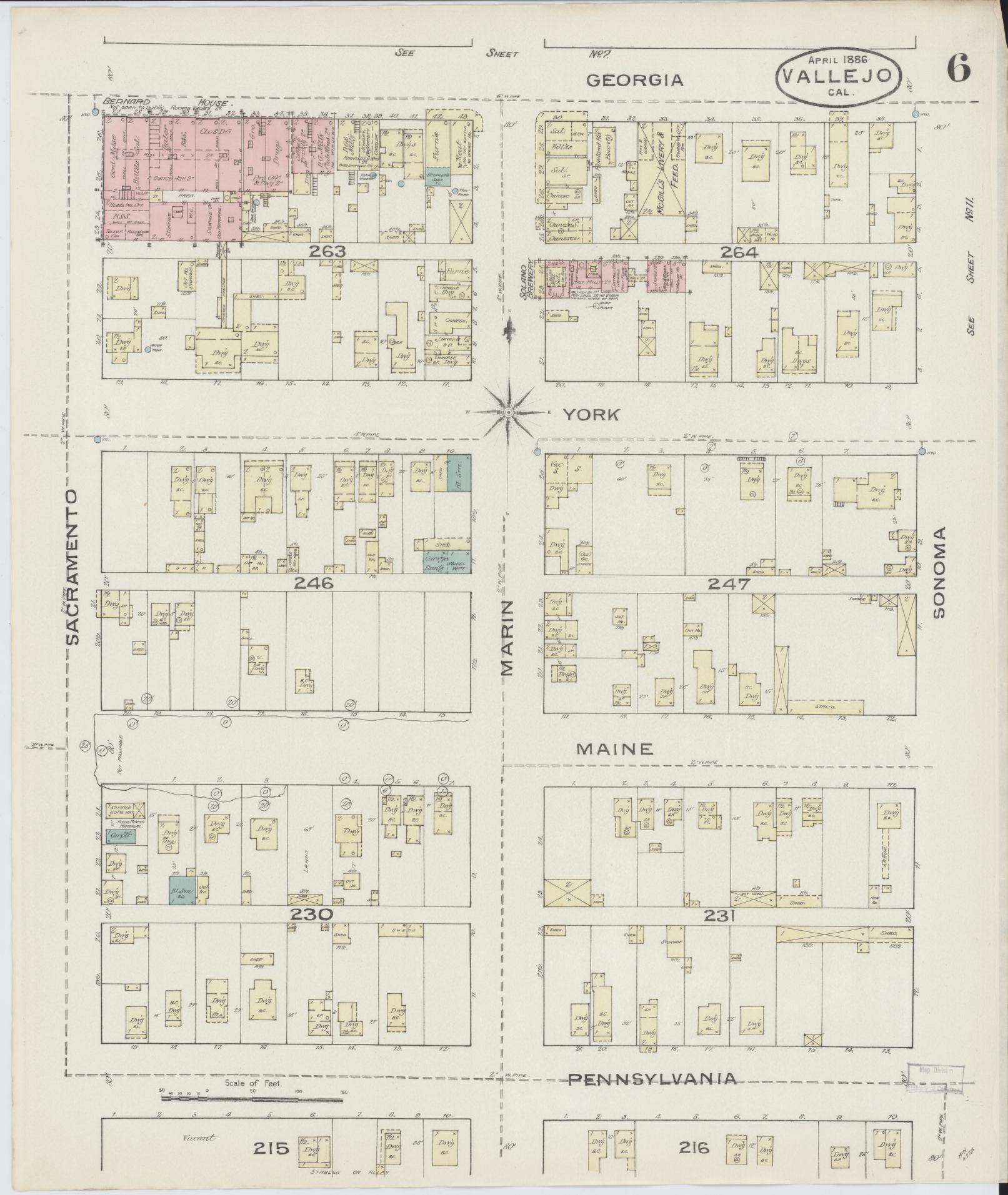 Sanborn Fire Insurance Map from Vallejo, Solano County, California (1886), Sheet #0006 - Complete Map Set gallery image, historic Sanborn map, vintage wall art, California California