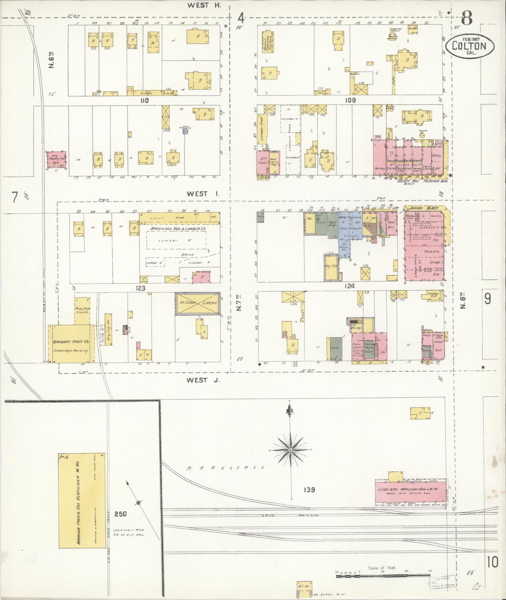 Sanborn Fire Insurance Map from Colton, San Bernardino County, California (1907), Sheet #0008 - Complete Map Set gallery image, historic Sanborn map, vintage wall art, California California