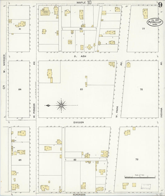 Sanborn Fire Insurance Map from Puyallup, Pierce County, Washington (1909), Sheet #0009 - Historic Sanborn Fire Insurance Map Print, vintage old map wall art, antique decor, genealogy gift, Washington Washington map