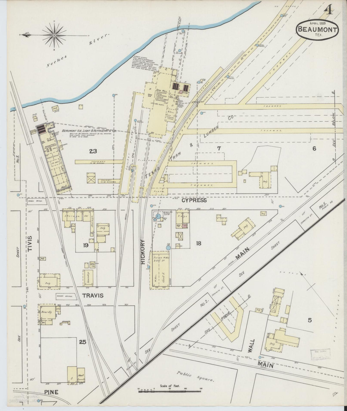 Sanborn Fire Insurance Map from Beaumont, Jefferson County, Texas (1889), Sheet #0004 - Historic Sanborn Fire Insurance Map Print, vintage old map wall art, antique decor, genealogy gift, Texas Texas map