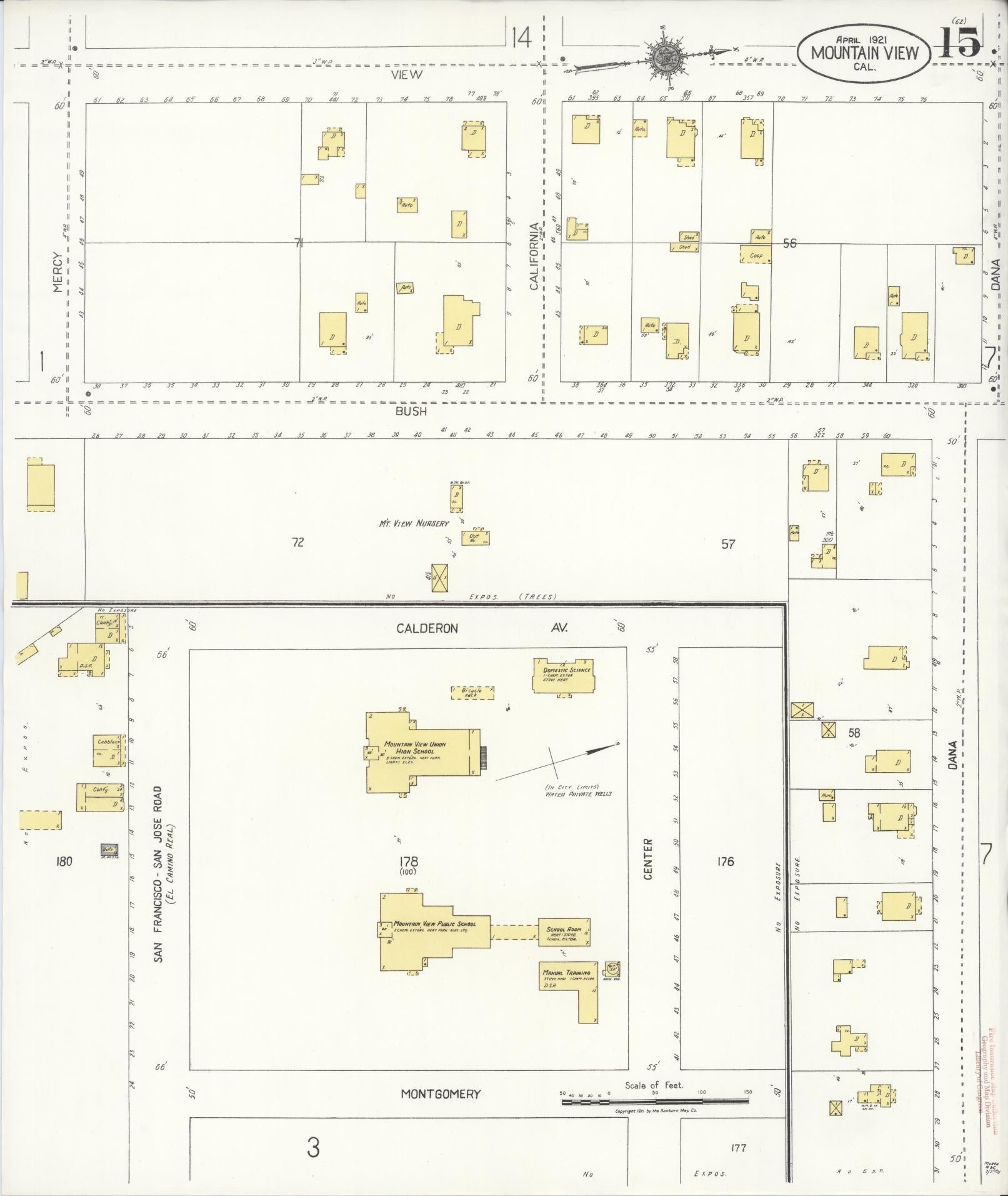 Sanborn Fire Insurance Map from Mountain View, Santa Clara County, California (1921), Sheet #0015 - Complete Map Set gallery image, historic Sanborn map, vintage wall art, California California