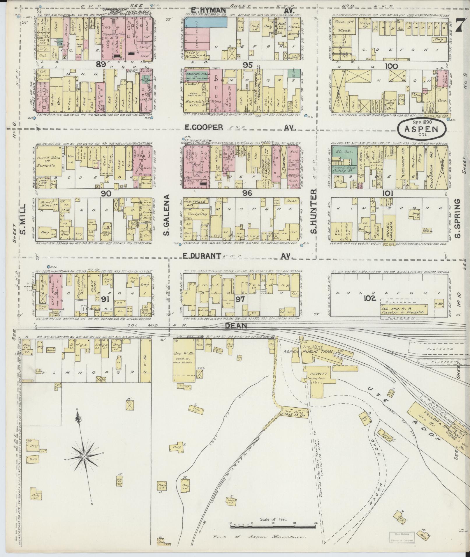 Sanborn Fire Insurance Map from Aspen, Pitkin County, Colorado (1890), Sheet #0007 - Historic Sanborn Fire Insurance Map Print, vintage old map wall art, antique decor, genealogy gift, Colorado Colorado map
