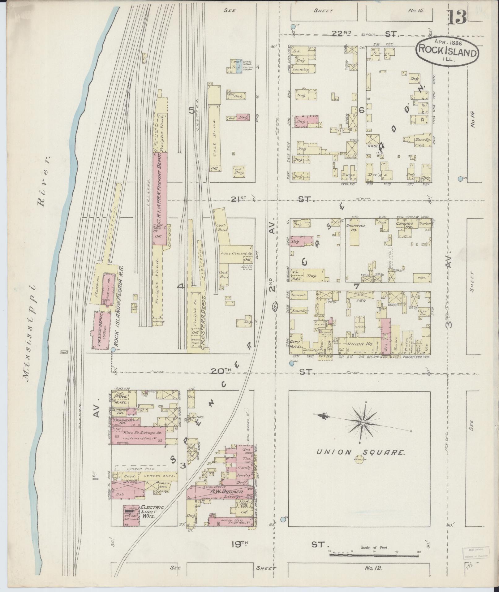 Sanborn Fire Insurance Map from Rock Island, Rock Island County, Illinois (1886), Sheet #0013 - Complete Map Set gallery image, historic Sanborn map, vintage wall art, Illinois Illinois