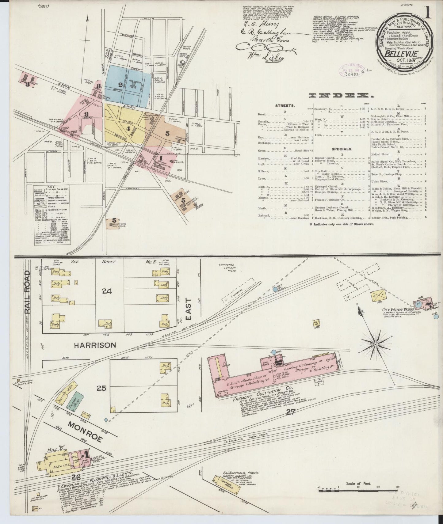 Sanborn Fire Insurance Map from Bellevue, Huron And Sandusky County, Ohio (1887), Sheet #0001 - Historic Sanborn Fire Insurance Map Print, vintage old map wall art, antique decor, genealogy gift, Ohio Ohio map