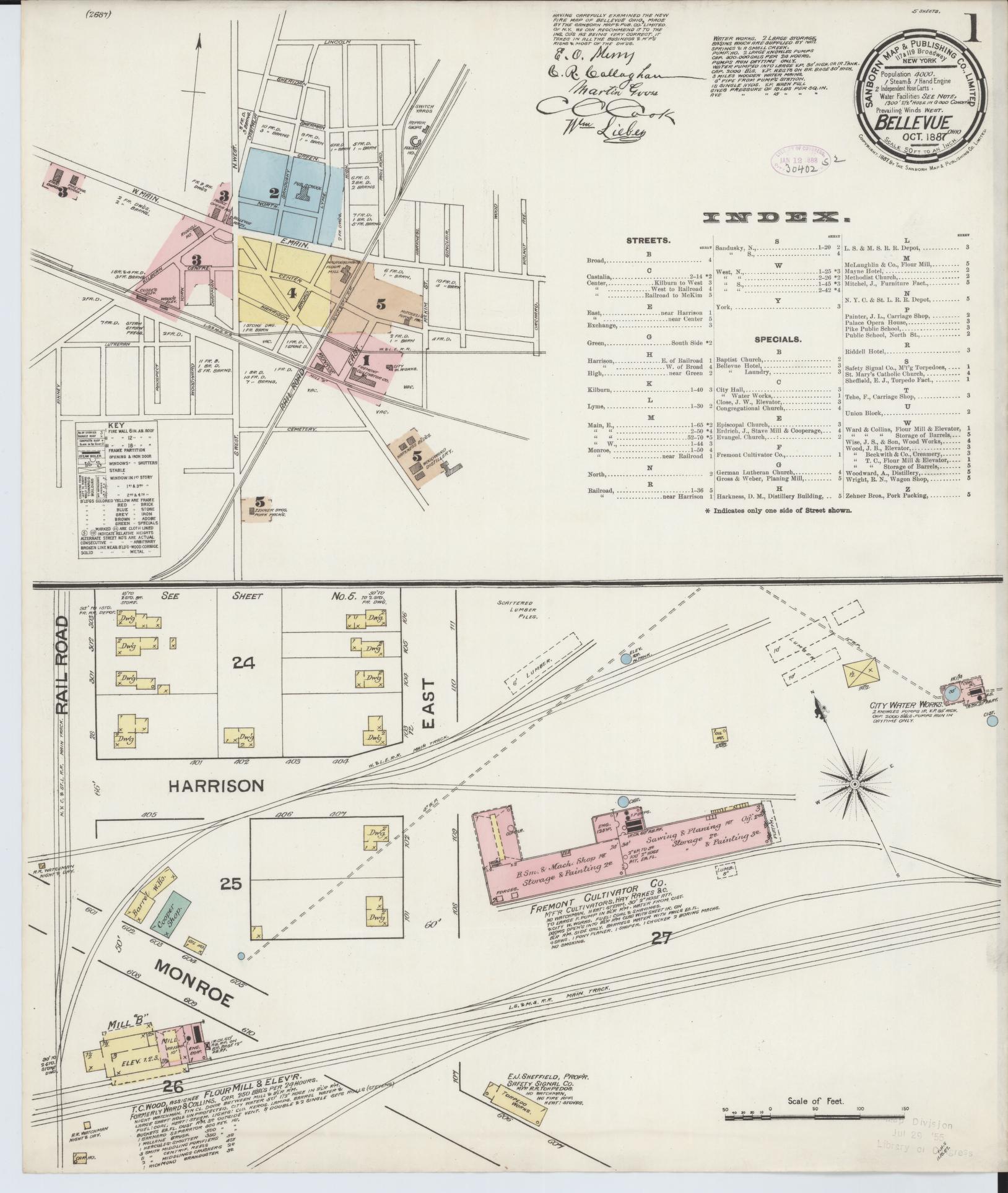 Sanborn Fire Insurance Map from Bellevue, Huron And Sandusky County, Ohio (1887), Sheet #0001 - Historic Sanborn Fire Insurance Map Print, vintage old map wall art, antique decor, genealogy gift, Ohio Ohio map