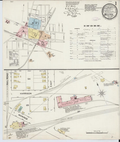Sanborn Fire Insurance Map from Bellevue, Huron And Sandusky County, Ohio (1887), Sheet #0001 - Historic Sanborn Fire Insurance Map Print, vintage old map wall art, antique decor, genealogy gift, Ohio Ohio map