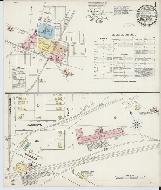 Sanborn Fire Insurance Map from Bellevue, Huron And Sandusky County, Ohio (1887), Sheet #0001 - Historic Sanborn Fire Insurance Map Print, vintage old map wall art, antique decor, genealogy gift, Ohio Ohio map