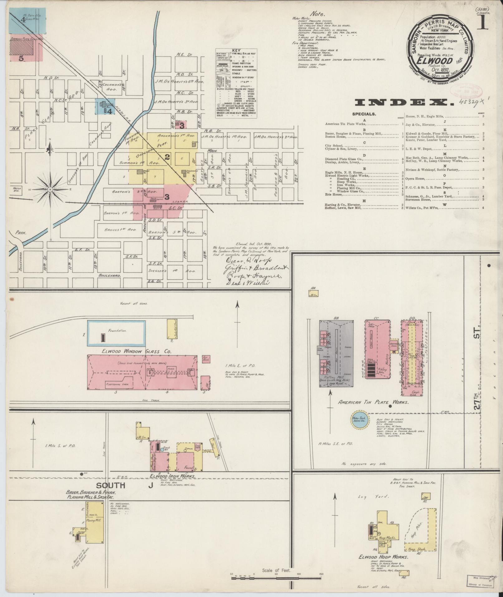 Sanborn Fire Insurance Map from Elwood, Madison County, Indiana (1892), Sheet #0001 - Historic Sanborn Fire Insurance Map Print, vintage old map wall art, antique decor, genealogy gift, Indiana Indiana map