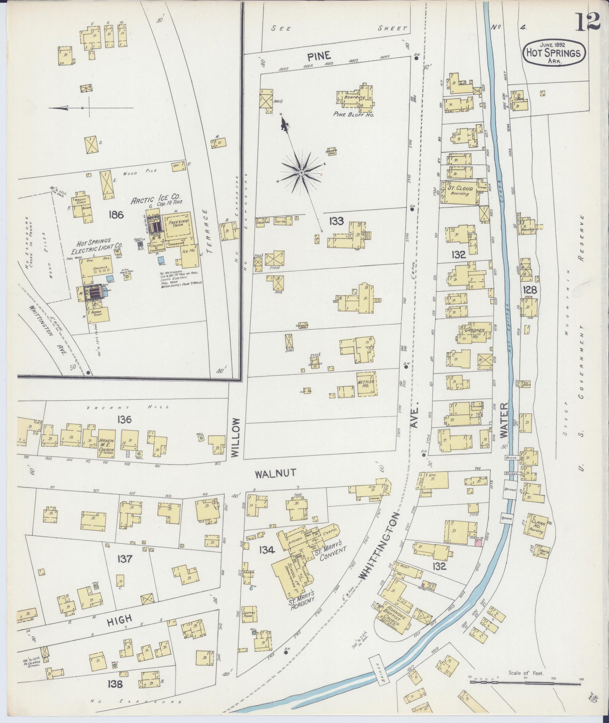 Sanborn Fire Insurance Map from Hot Springs, Garland County, Arkansas (1892), Sheet #0012 - Complete Map Set gallery image, historic Sanborn map, vintage wall art, Arkansas Arkansas