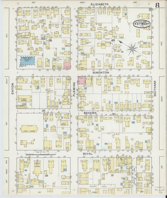Sanborn Fire Insurance Map from Key West, Monroe County, Florida (1892), Sheet #0008 - Historic Sanborn Fire Insurance Map Print, vintage old map wall art, antique decor, genealogy gift, Florida Florida map