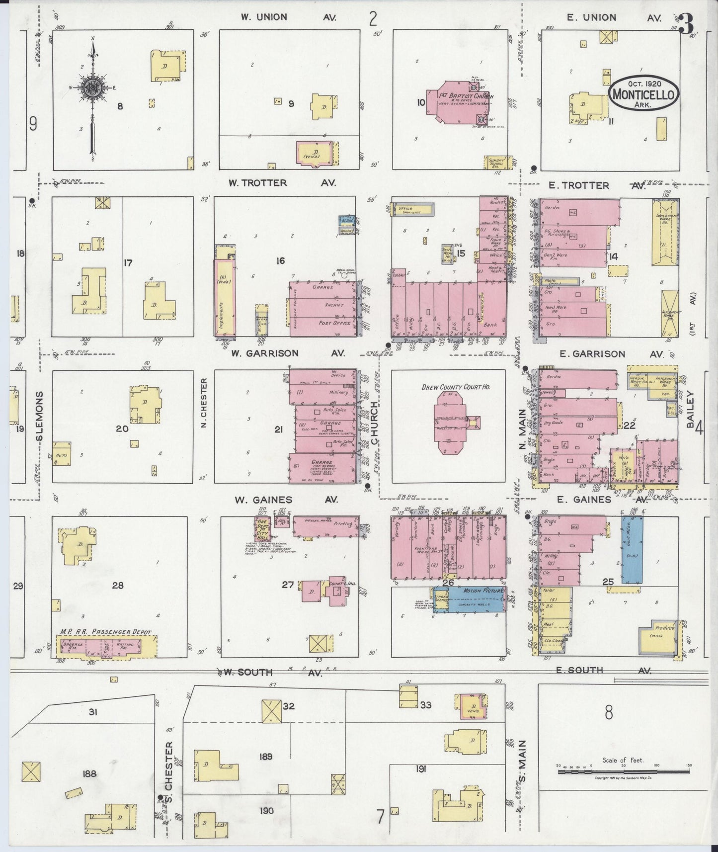 Sanborn Fire Insurance Map from Monticello, Drew County, Arkansas (1920), Sheet #0003 - Historic Sanborn Fire Insurance Map Print, vintage old map wall art, antique decor, genealogy gift, Arkansas Arkansas map