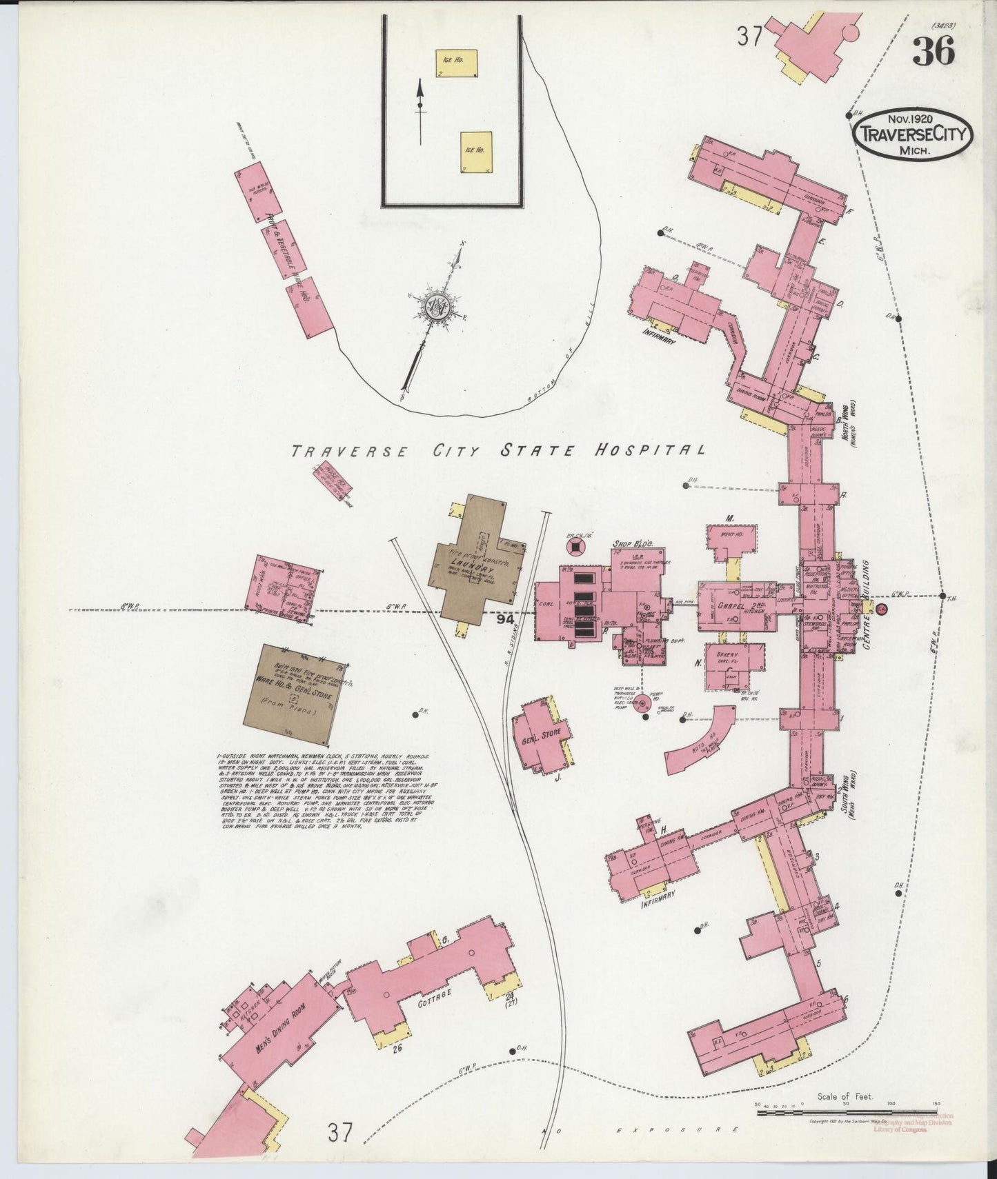 Sanborn Fire Insurance Map from Traverse City, Grand Traverse County, Michigan (1920), Sheet #0036 - Historic Sanborn Fire Insurance Map Print, vintage old map wall art, antique decor, genealogy gift, Michigan Michigan map