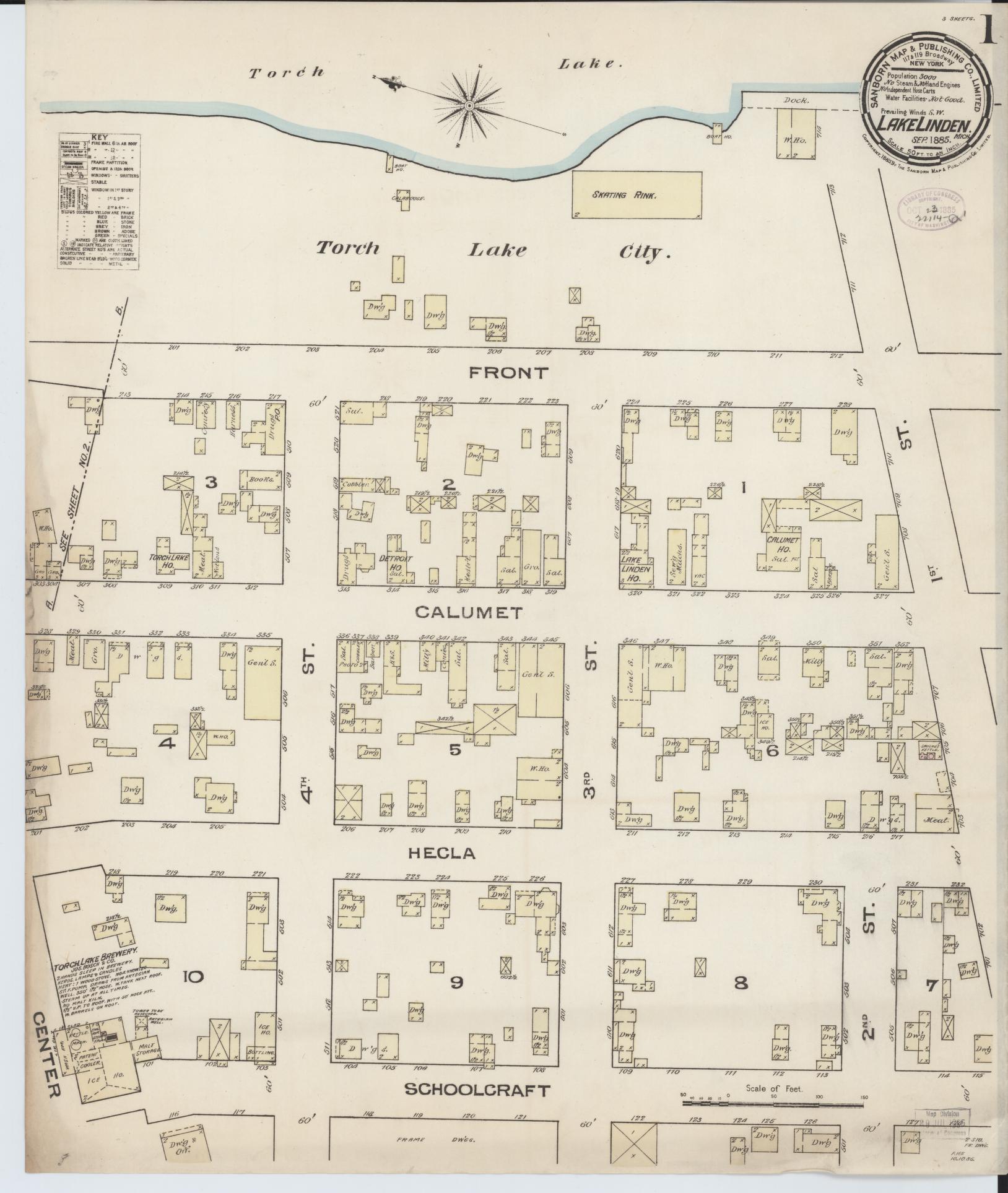 Sanborn Fire Insurance Map from Lake Linden, Houghton County, Michigan (1885), Sheet #0001 - Complete Map Set gallery image, historic Sanborn map, vintage wall art, Michigan Michigan