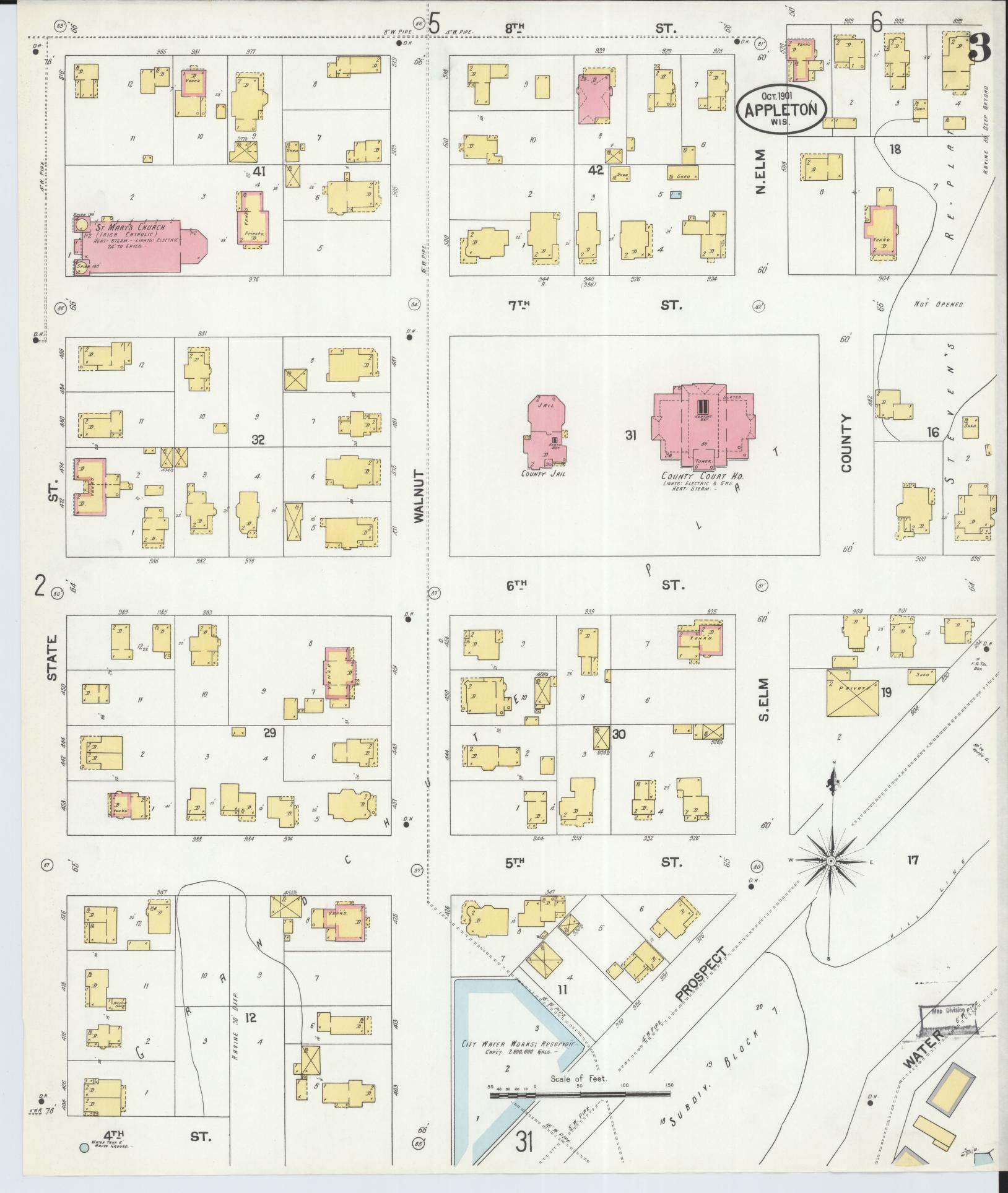 Sanborn Fire Insurance Map from Appleton, Outagamie County, Wisconsin (1901), Sheet #0003 - Complete Map Set gallery image, historic Sanborn map, vintage wall art, Wisconsin Wisconsin