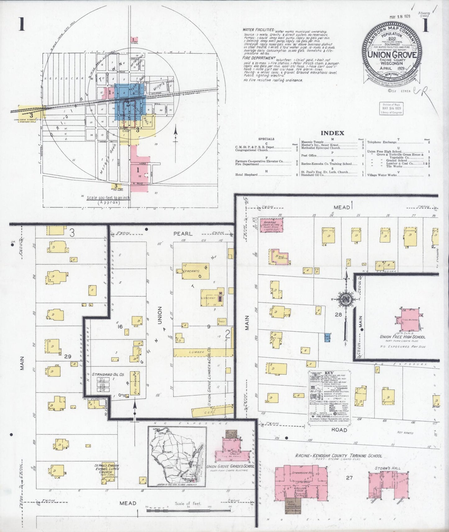 Sanborn Fire Insurance Map from Union Grove, Racine County, Wisconsin (1929), Sheet #0001 - Complete Map Set gallery image, historic Sanborn map, vintage wall art, Wisconsin Wisconsin