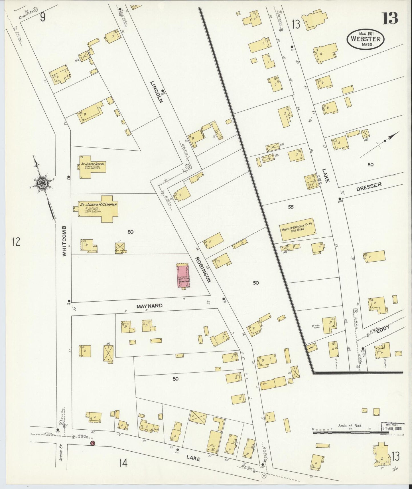 Sanborn Fire Insurance Map from Webster, Worcester County, Massachusetts (1911), Sheet #0013 - Complete Map Set gallery image, historic Sanborn map, vintage wall art, Massachusetts Massachusetts
