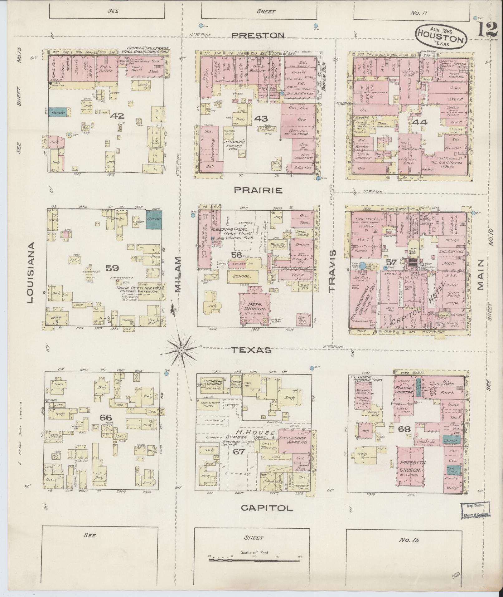 Sanborn Fire Insurance Map from Houston, Harris County, Texas (1885), Sheet #0012 - Complete Map Set gallery image, historic Sanborn map, vintage wall art, Texas Texas