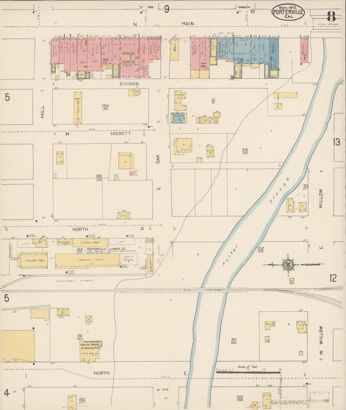 Sanborn Fire Insurance Map from Porterville, Tulare County, California (1912), Sheet #0008 - Complete Map Set gallery image, historic Sanborn map, vintage wall art, California California