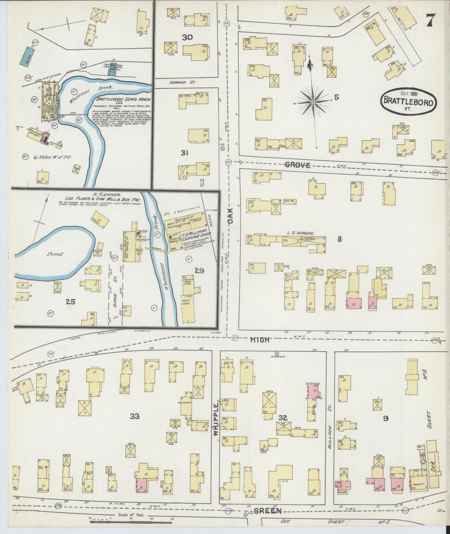 Sanborn Fire Insurance Map from Brattleboro, Windham County, Vermont (1891), Sheet #0007 - Complete Map Set gallery image, historic Sanborn map, vintage wall art, Vermont Vermont