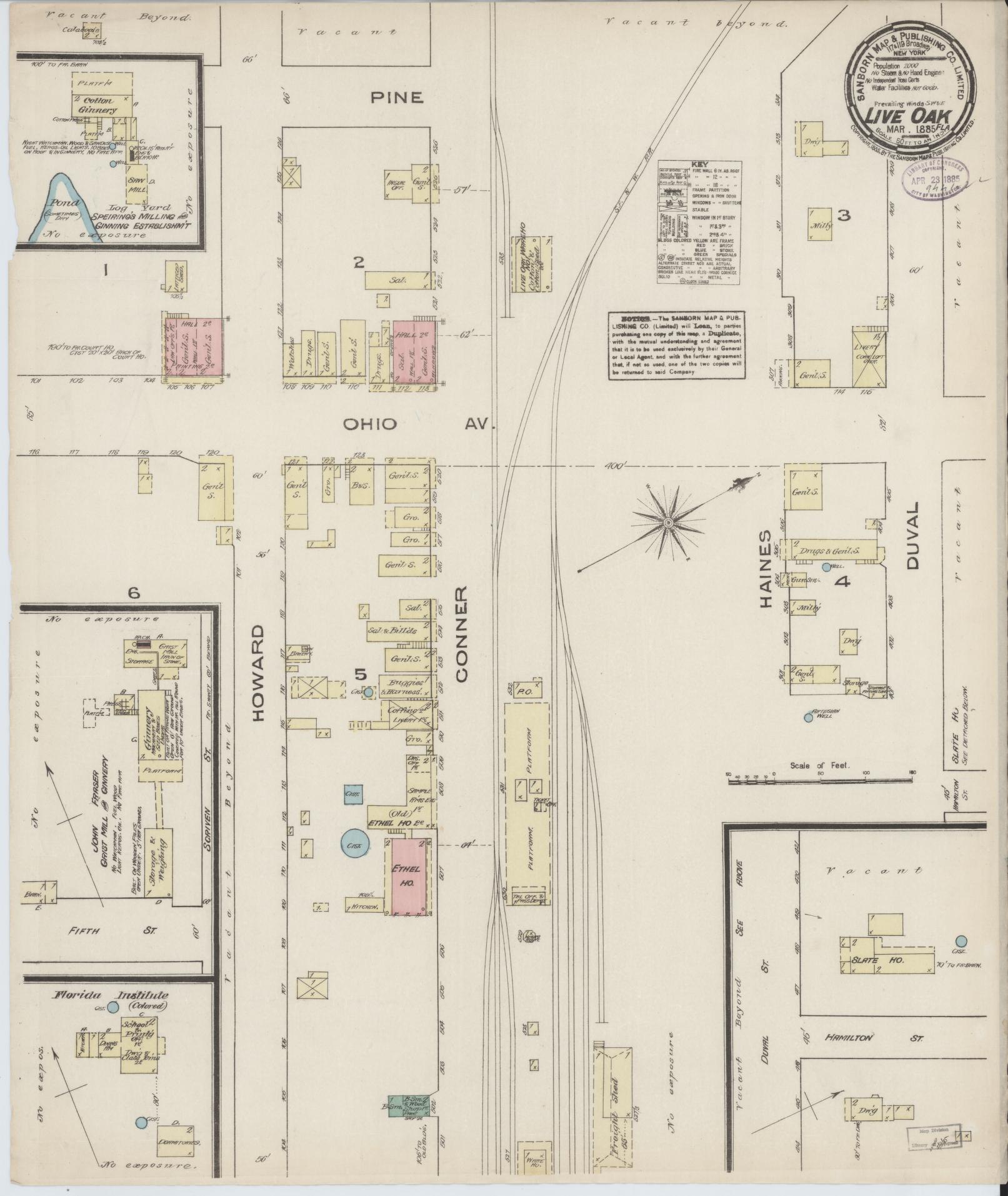 Sanborn Fire Insurance Map from Live Oak, Suwanee County, Florida (1885), Sheet #0001 - Historic Sanborn Fire Insurance Map Print, vintage old map wall art, antique decor, genealogy gift, Florida Florida map