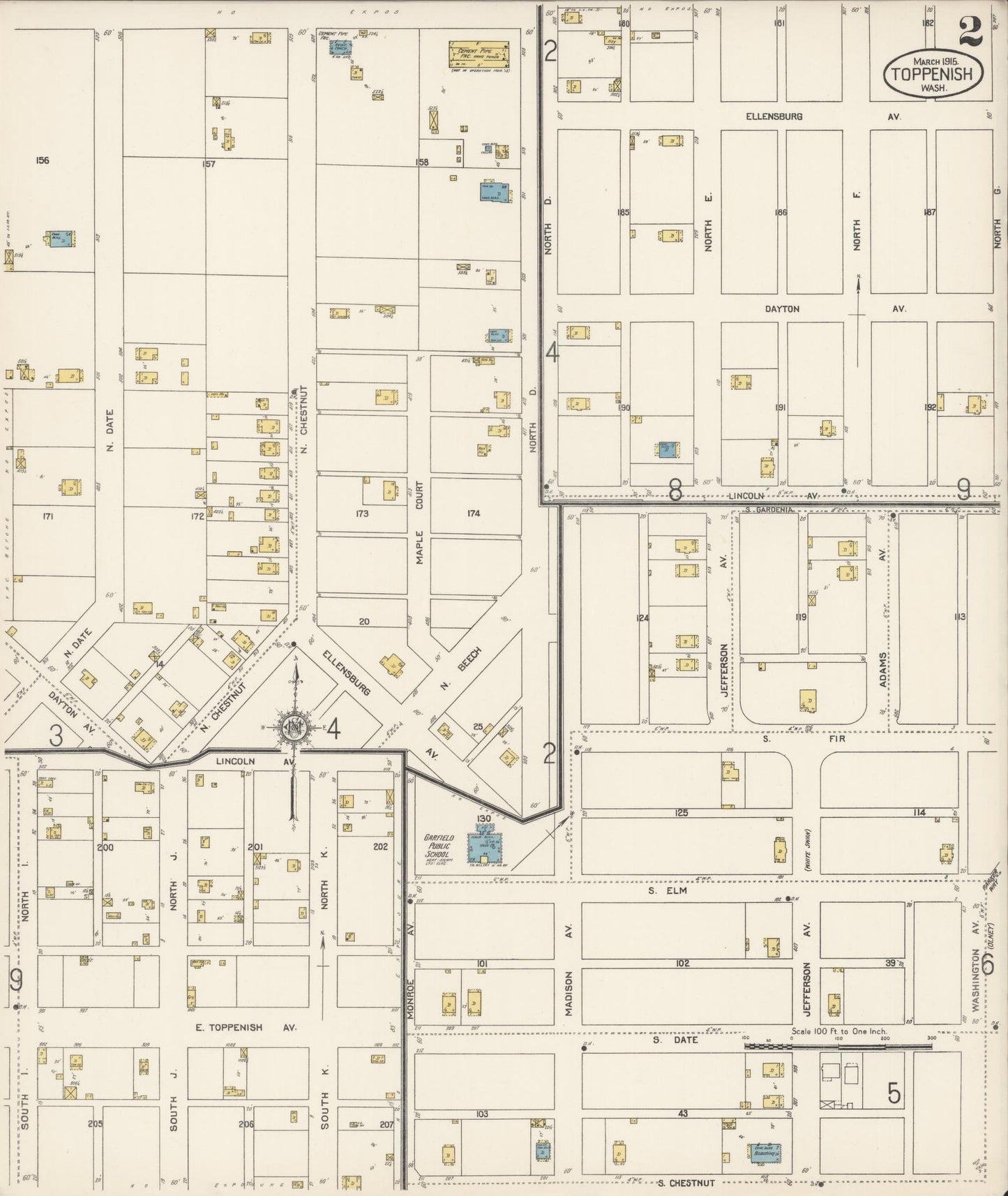 Sanborn Fire Insurance Map from Toppenish, Yakima County, Washington (1915), Sheet #0002 - Complete Map Set gallery image, historic Sanborn map, vintage wall art, Washington Washington