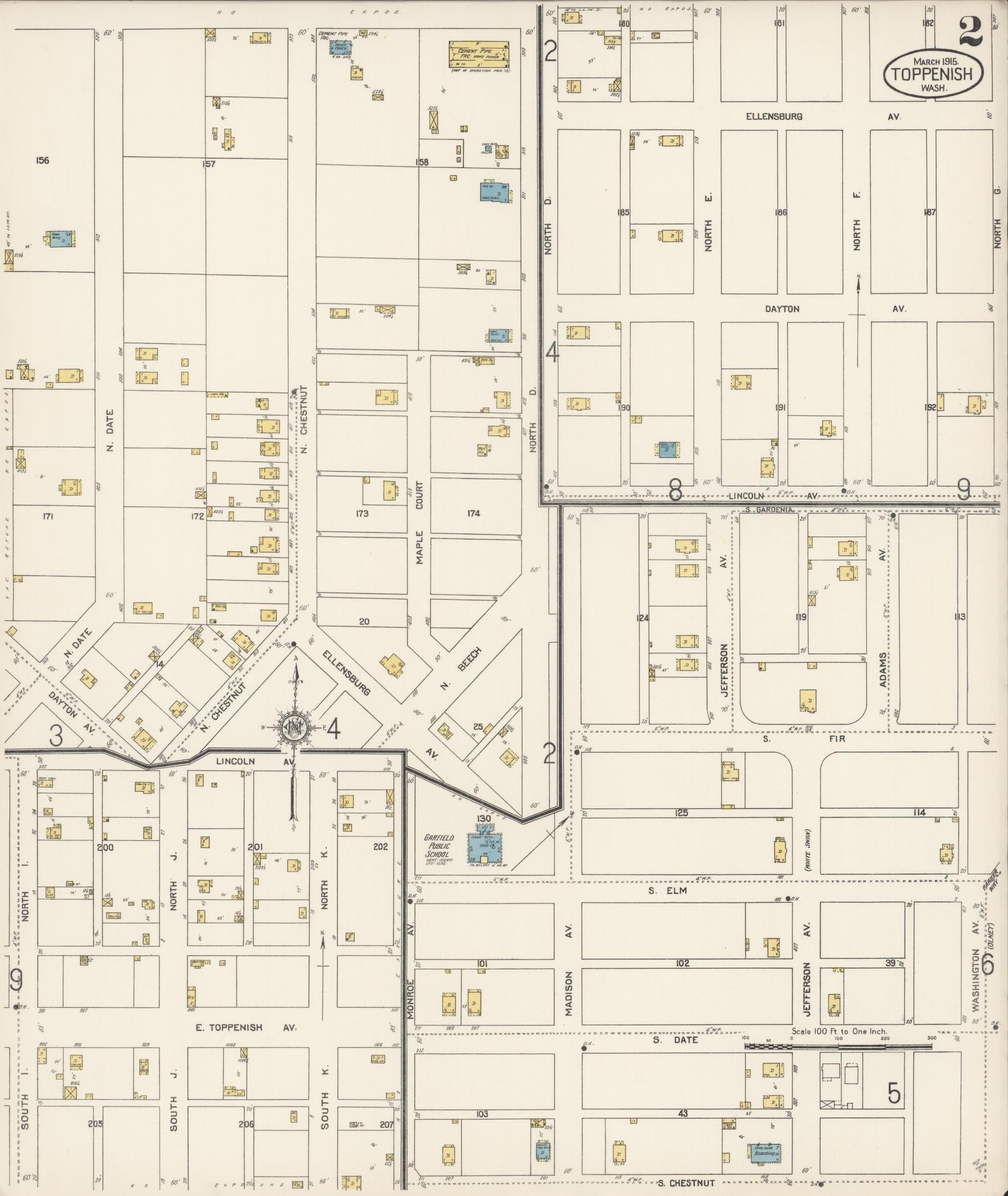 Sanborn Fire Insurance Map from Toppenish, Yakima County, Washington (1915), Sheet #0002 - Complete Map Set gallery image, historic Sanborn map, vintage wall art, Washington Washington
