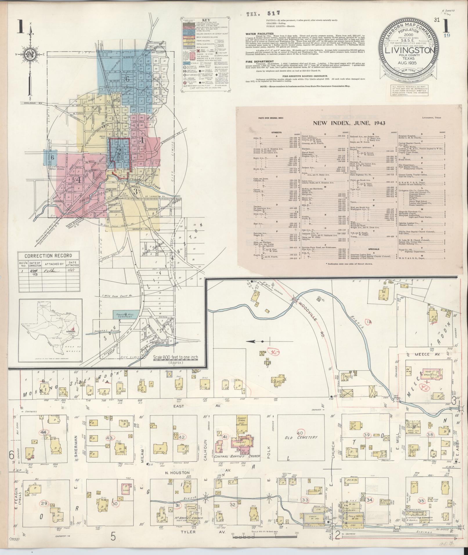 Sanborn Fire Insurance Map from Livingston, Polk County, Texas (1943), Sheet #0001 - Historic Sanborn Fire Insurance Map Print, vintage old map wall art, antique decor, genealogy gift, Texas Texas map