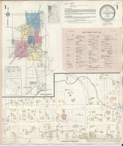 Sanborn Fire Insurance Map from Livingston, Polk County, Texas (1943), Sheet #0001 - Historic Sanborn Fire Insurance Map Print, vintage old map wall art, antique decor, genealogy gift, Texas Texas map