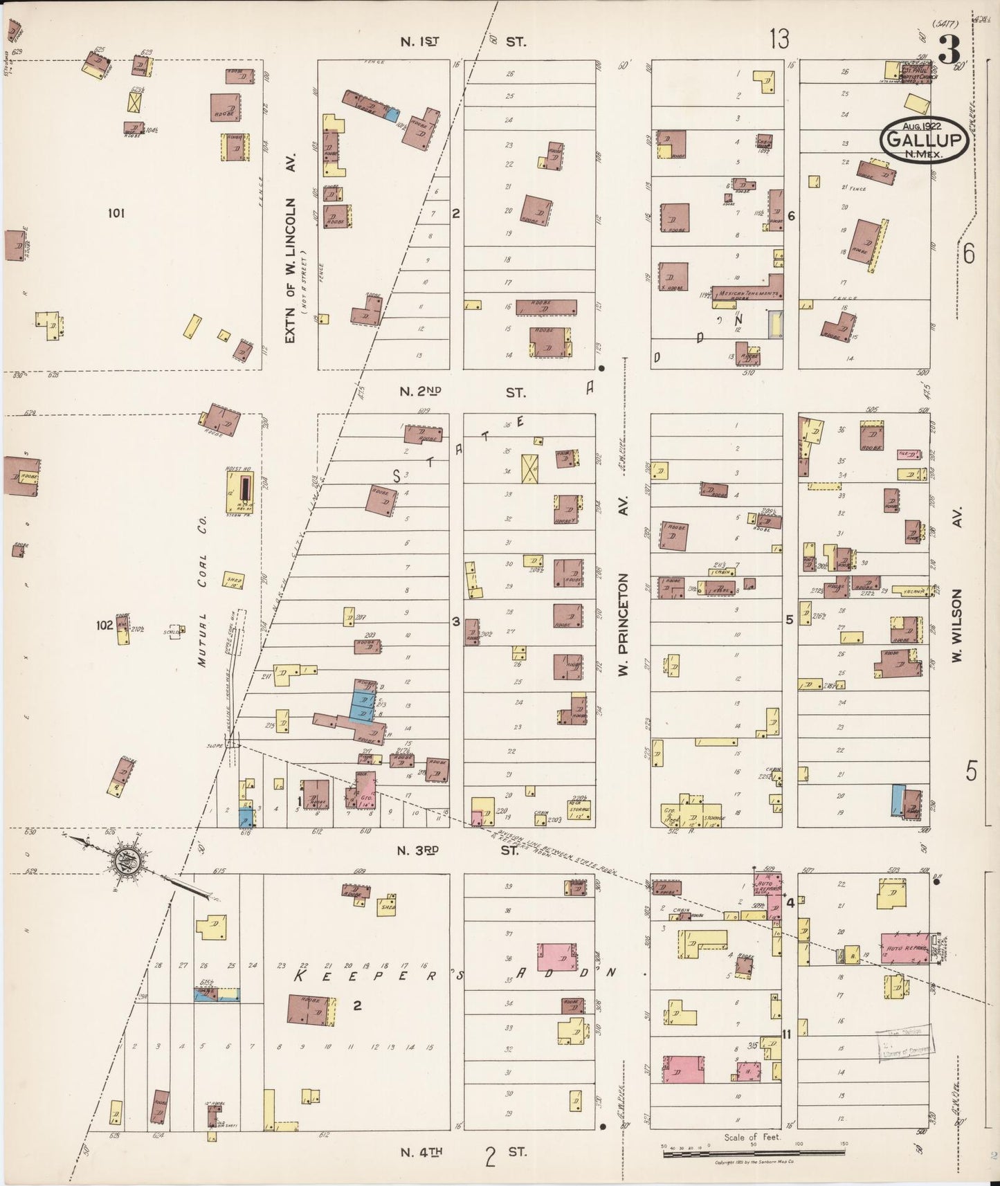 Sanborn Fire Insurance Map from Gallup, Mckinley County, New Mexico (1922), Sheet #0003 - Complete Map Set gallery image, historic Sanborn map, vintage wall art, New Mexico New Mexico