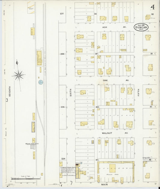 Sanborn Fire Insurance Map from Duncan, Stephens County, Oklahoma (1908), Sheet #0004 - Historic Sanborn Fire Insurance Map Print, vintage old map wall art, antique decor, genealogy gift, Oklahoma Oklahoma map