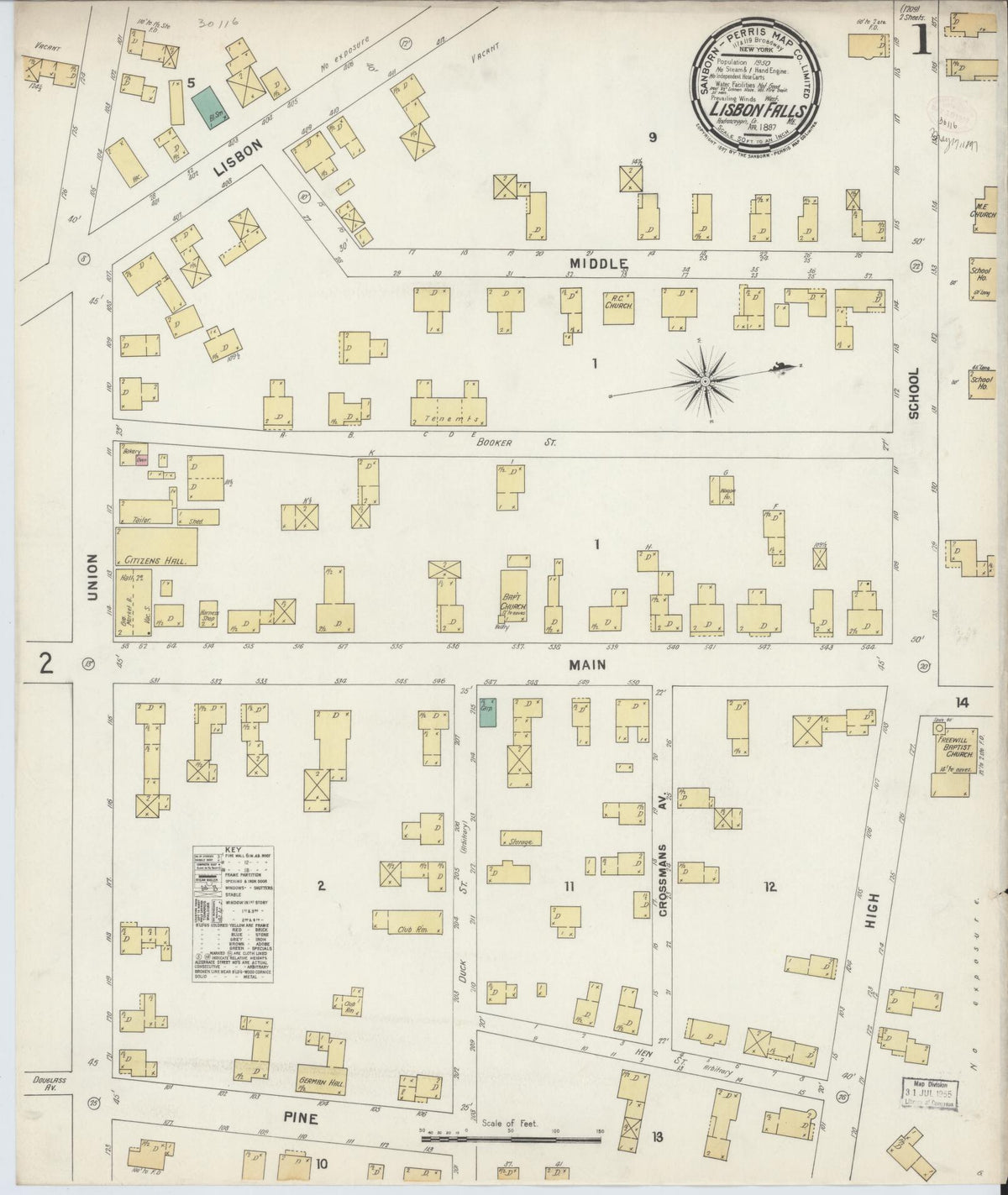 Sanborn Fire Insurance Map from Lisbon Falls, Androscoggin County, Maine (1897), Sheet #0001 - Complete Map Set gallery image, historic Sanborn map, vintage wall art, Maine Maine