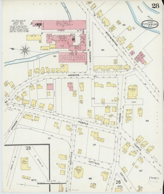 Sanborn Fire Insurance Map from Fitchburg, Worcester County, Massachusetts (1897), Sheet #0028 - Historic Sanborn Fire Insurance Map Print, vintage old map wall art, antique decor, genealogy gift, Massachusetts Massachusetts map