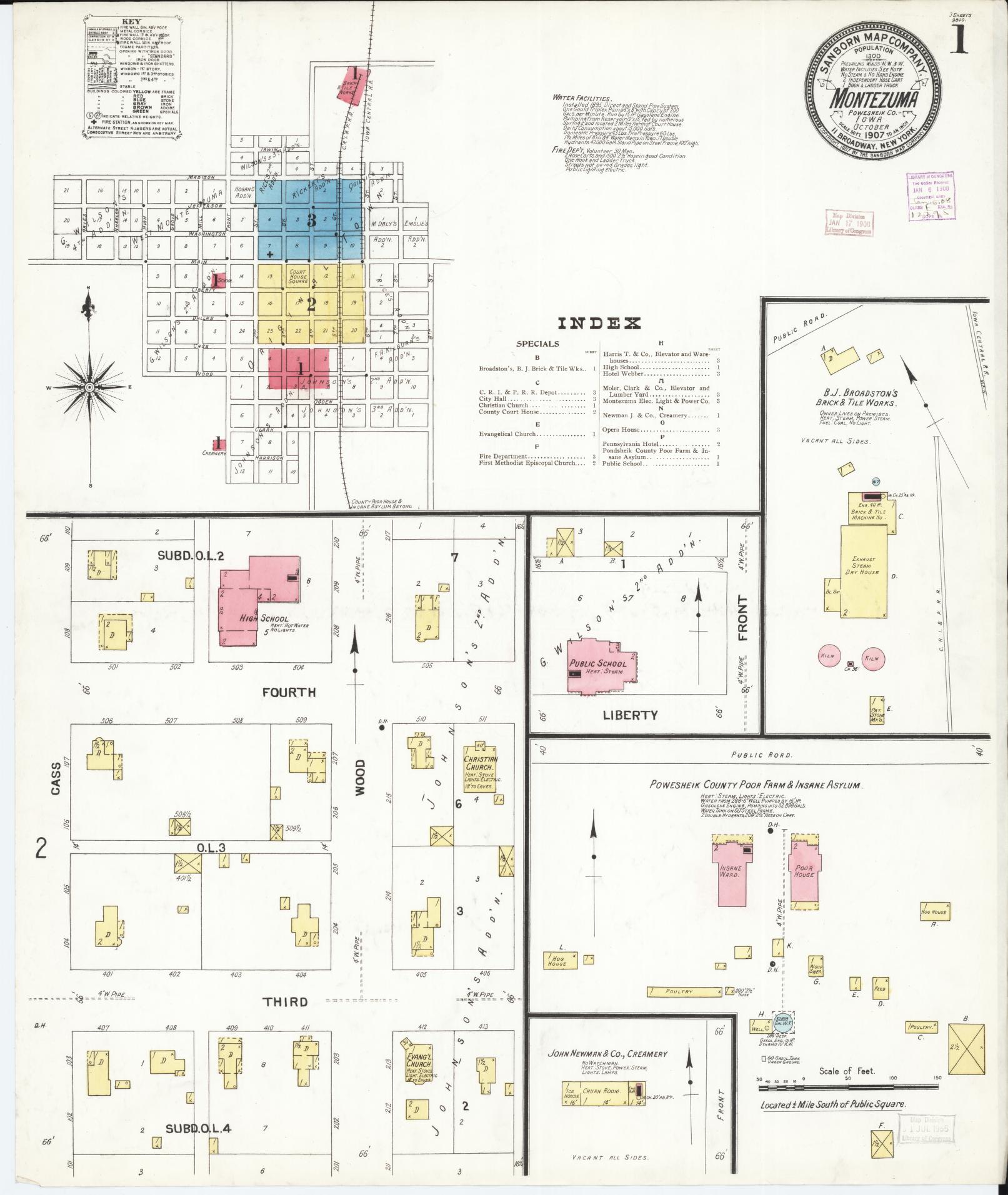 Sanborn Fire Insurance Map from Montezuma, Poweshiek County, Iowa (1907), Sheet #0001 - Historic Sanborn Fire Insurance Map Print