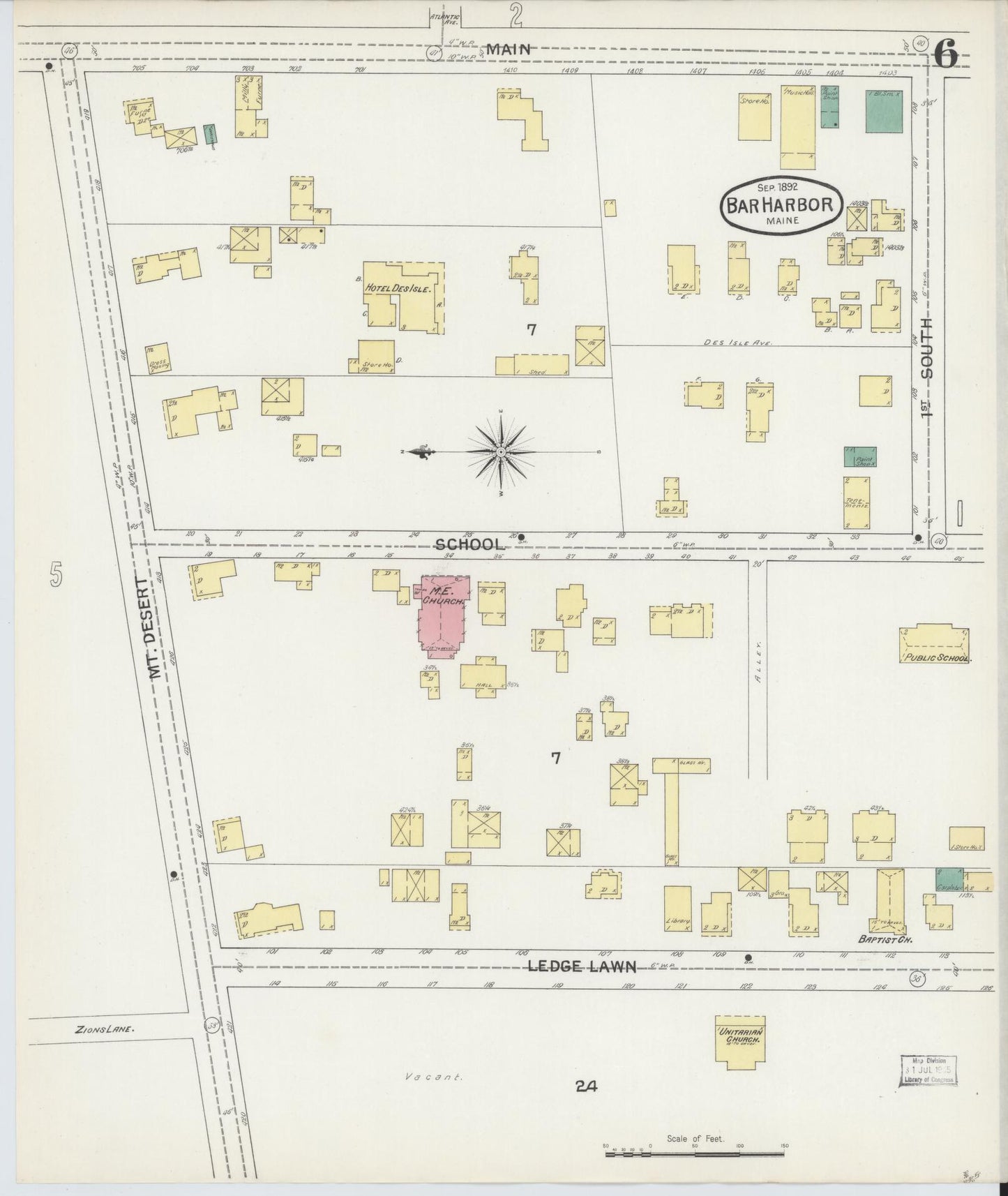 Sanborn Fire Insurance Map from Bar Harbor, Hancock County, Maine (1892), Sheet #0006 - Complete Map Set gallery image, historic Sanborn map, vintage wall art, Maine Maine