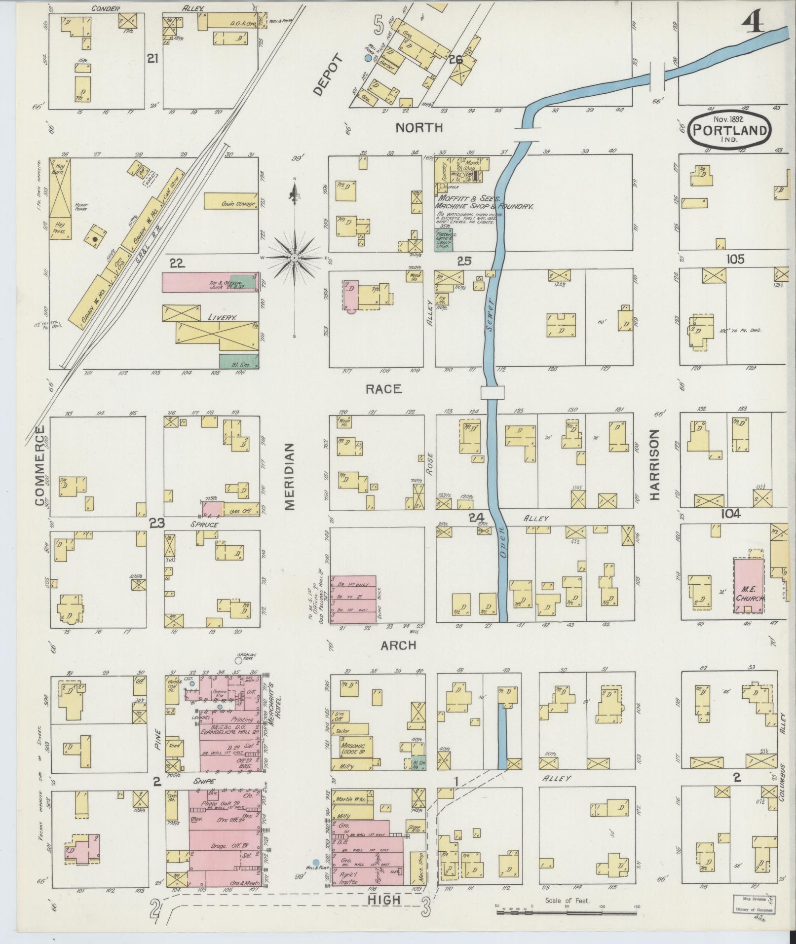 Sanborn Fire Insurance Map from Portland, Jay County, Indiana (1892), Sheet #0004 - Complete Map Set gallery image, historic Sanborn map, vintage wall art, Indiana Indiana