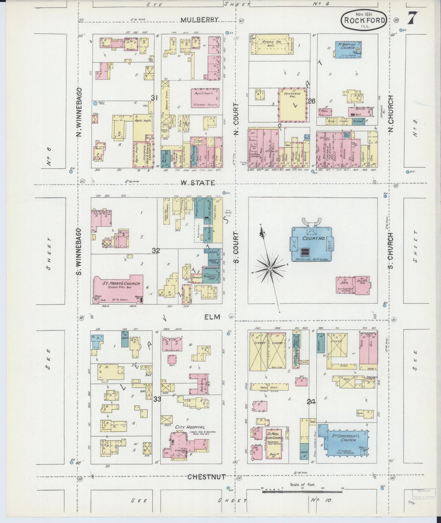 Sanborn Fire Insurance Map from Rockford, Winnebago County, Illinois (1891), Sheet #0007 - Complete Map Set gallery image, historic Sanborn map, vintage wall art, Illinois Illinois