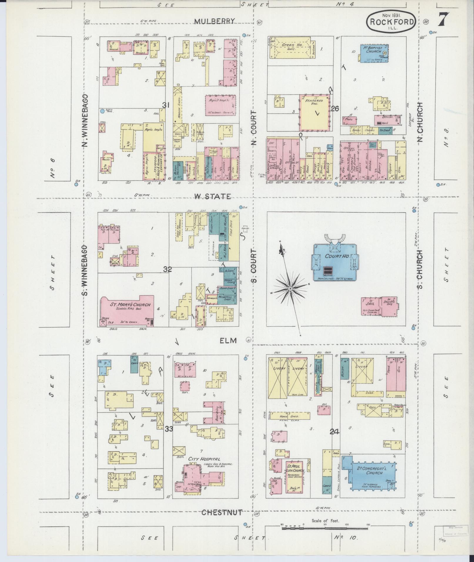 Sanborn Fire Insurance Map from Rockford, Winnebago County, Illinois (1891), Sheet #0007 - Complete Map Set gallery image, historic Sanborn map, vintage wall art, Illinois Illinois