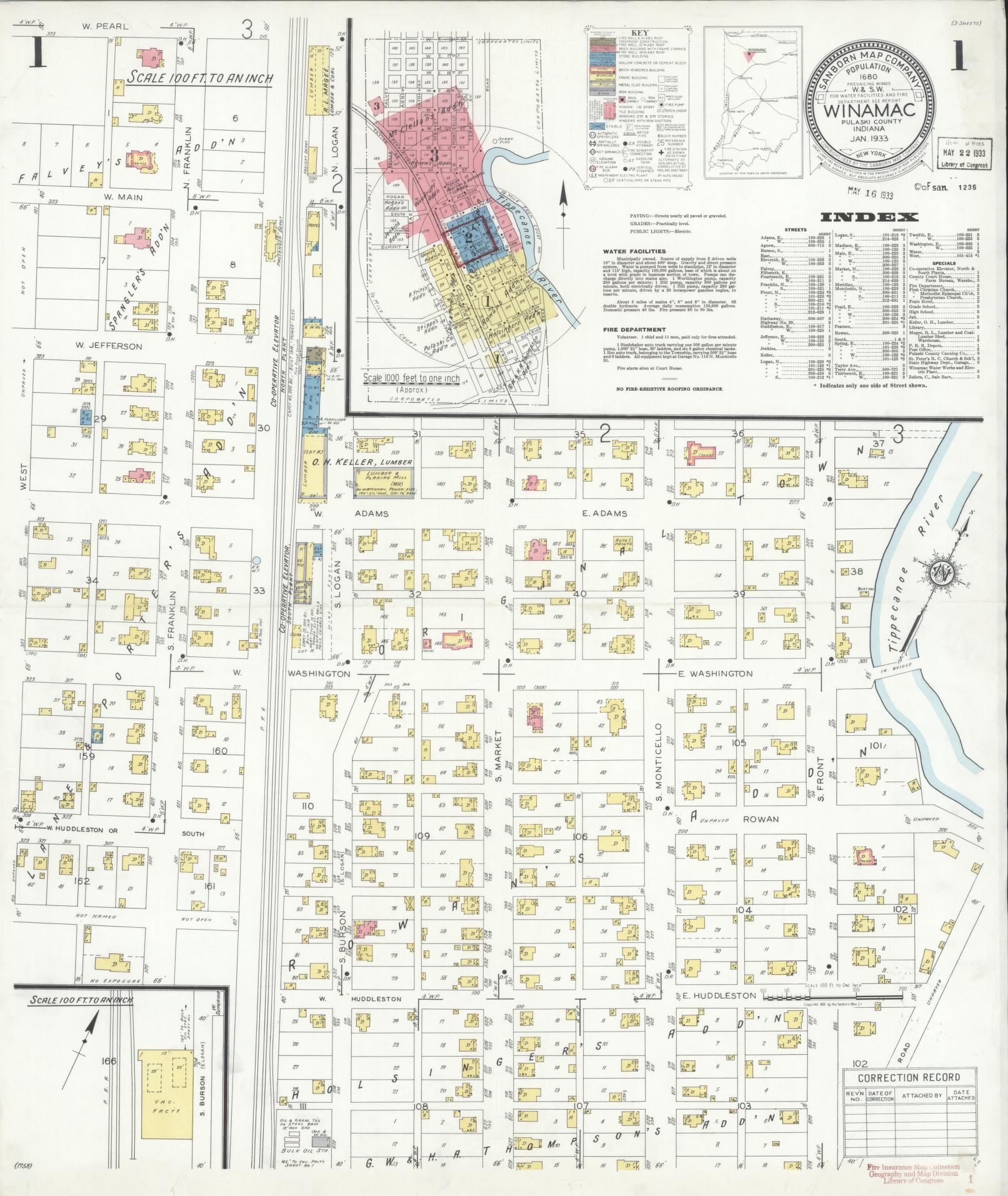 Sanborn Fire Insurance Map from Winamac, Pulaski County, Indiana (1933), Sheet #0001 - Historic Sanborn Fire Insurance Map Print, vintage old map wall art, antique decor, genealogy gift, Indiana Indiana map